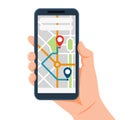 Hand holding mobile with navigation city map. Mobile app with map. Gps navigation in smartphone. Mobile navigator